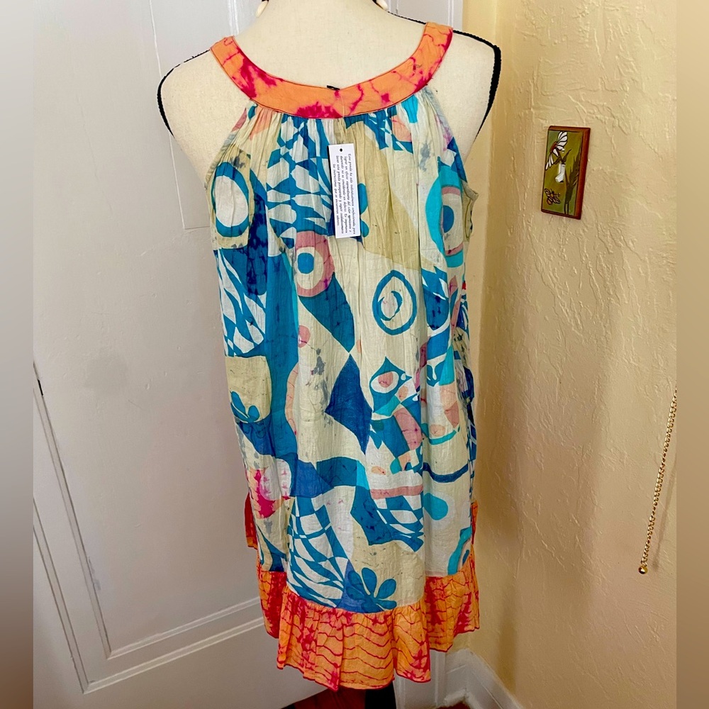 NWT Chaudry Boho TieDyed Embroidered‎ SunFun Dress w/Ruffle Hem Size S oversized - Picture 2 of 8